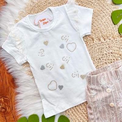 Conj. Blusas Corações e Short com Botões - Off White e Areia